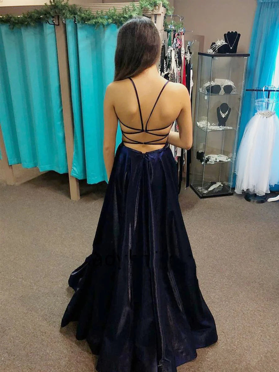 Vestido Weitese azul marino oscuro largo corte A escote en V satén espalda abierta vestidos formales de graduación